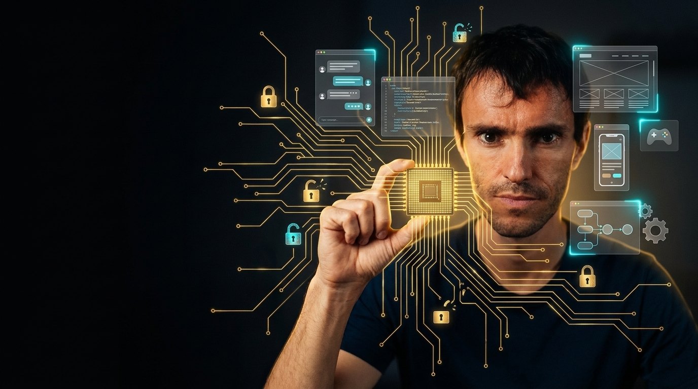 Nicolás Palacios sosteniendo un chip dorado que se desbloquea en circuitos